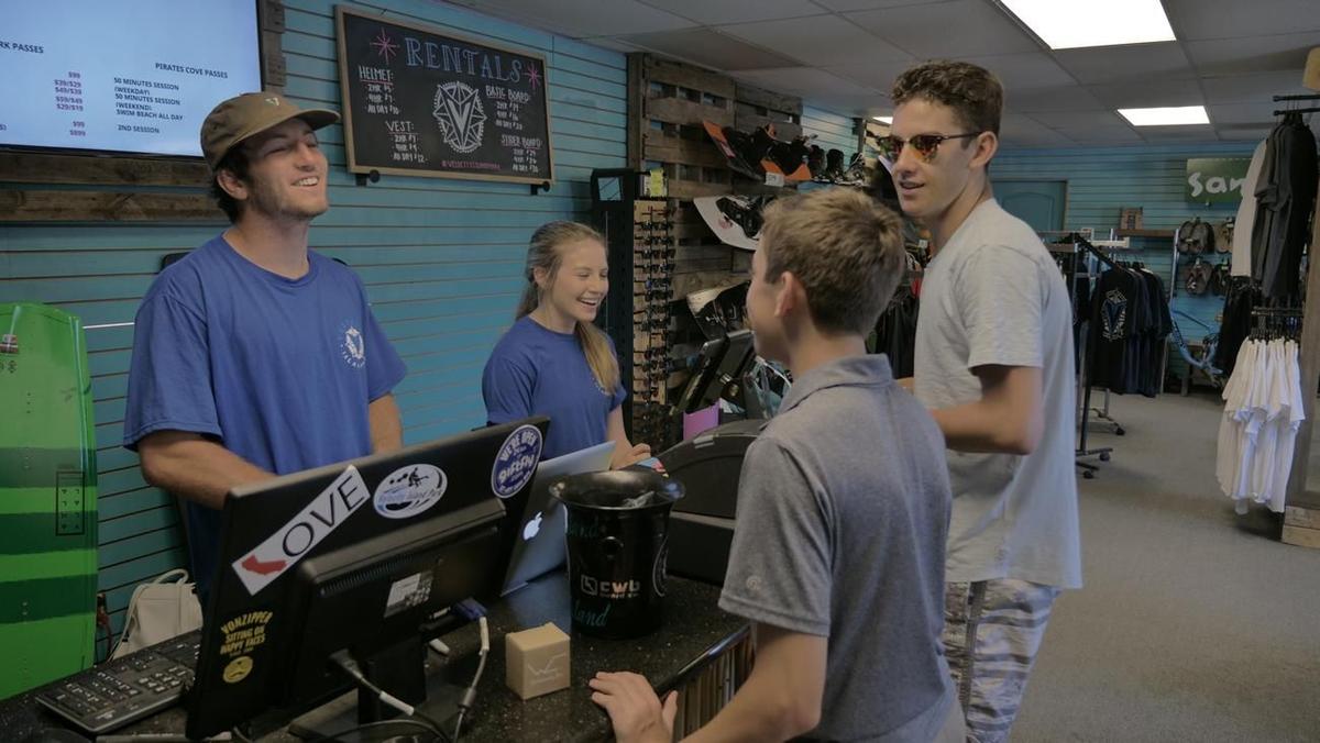 Pro shop with wakeboard gear at Velocity Island Park
