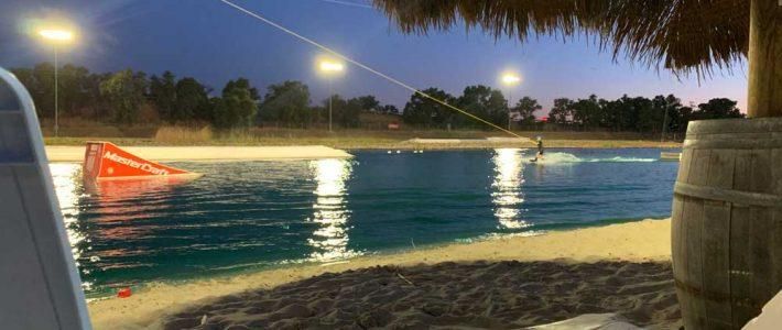 Night wakeboarding session under the lights at Velocity Island Park